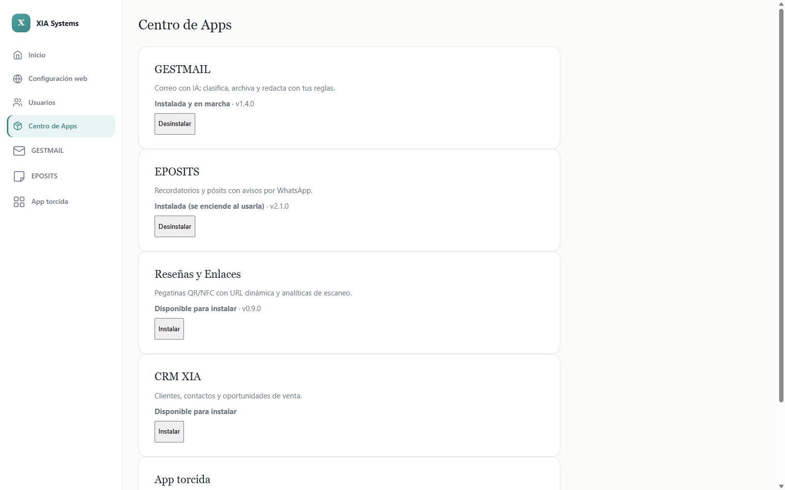 El Centro de Apps real del núcleo: instalar y desinstalar módulos con un botón